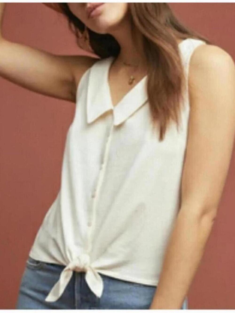 ATHROPOLOGIE Biloxi Collared Tie Front Sleeveless Top White Ivory Peter Pan‎ M
